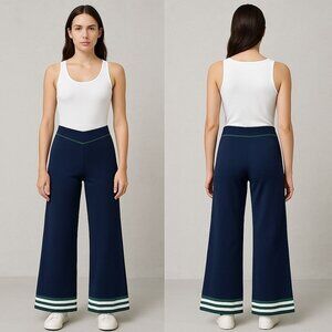 Caroline Constas Navy Blue Wide-Leg Pants Thick Knit Green & White Stripe XS